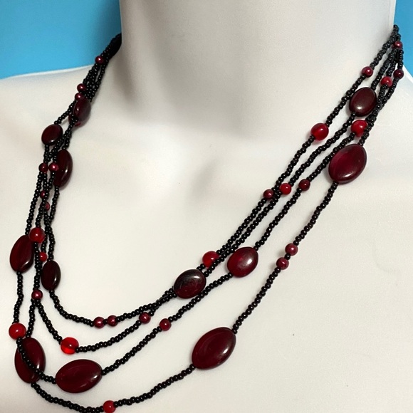 Black Seed Beads & Red Glass Beads Multi-strand Necklace Artisan Made - Picture 4 of 6